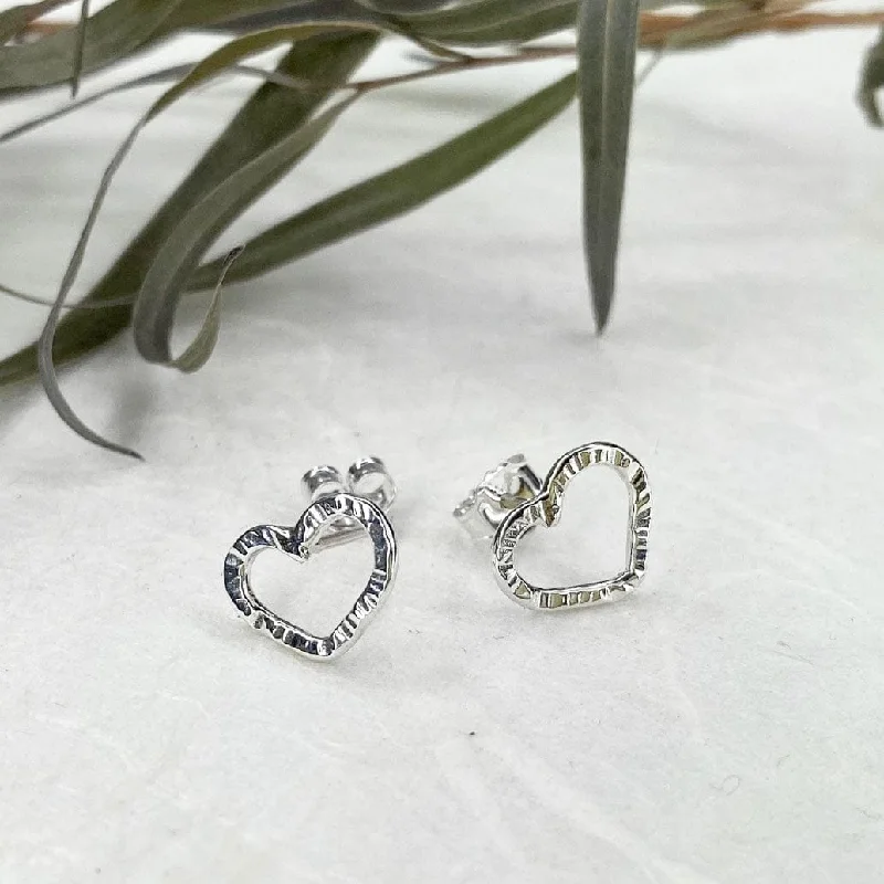 Stud Earrings with Debossed Designs -Sweet, Petite Silver Heart Stud Earrings