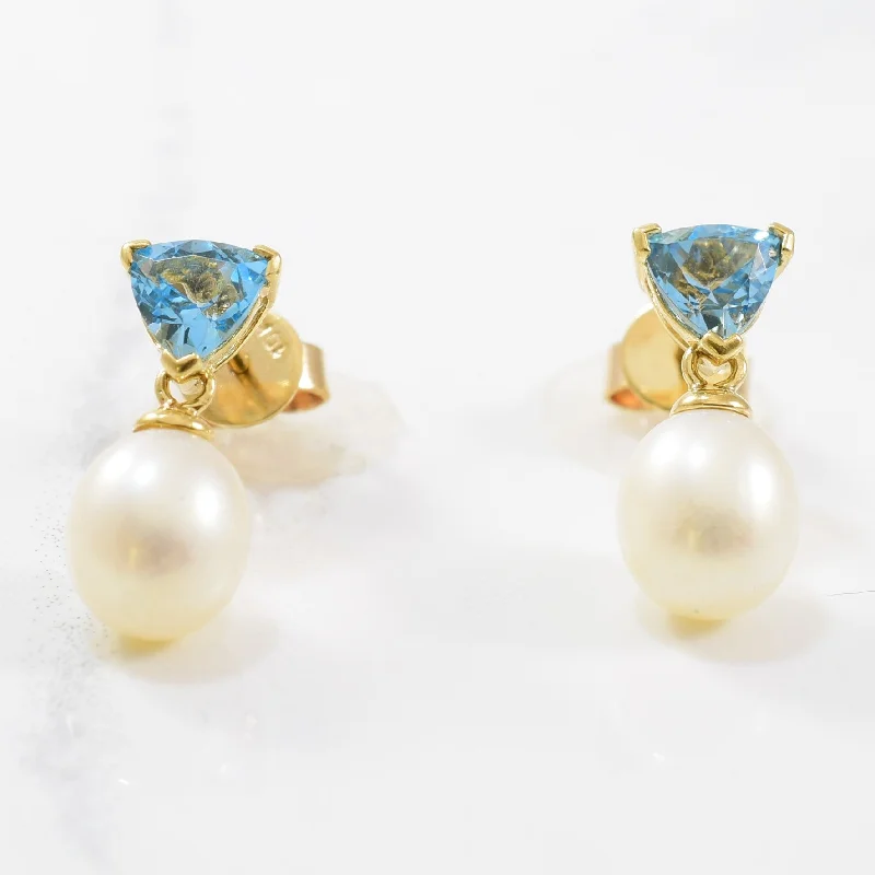 African Stud Earrings with Culture -Trillion Cut Topaz & Pearl Drop Stud Earrings | 1.64ctw, 4.00ctw |