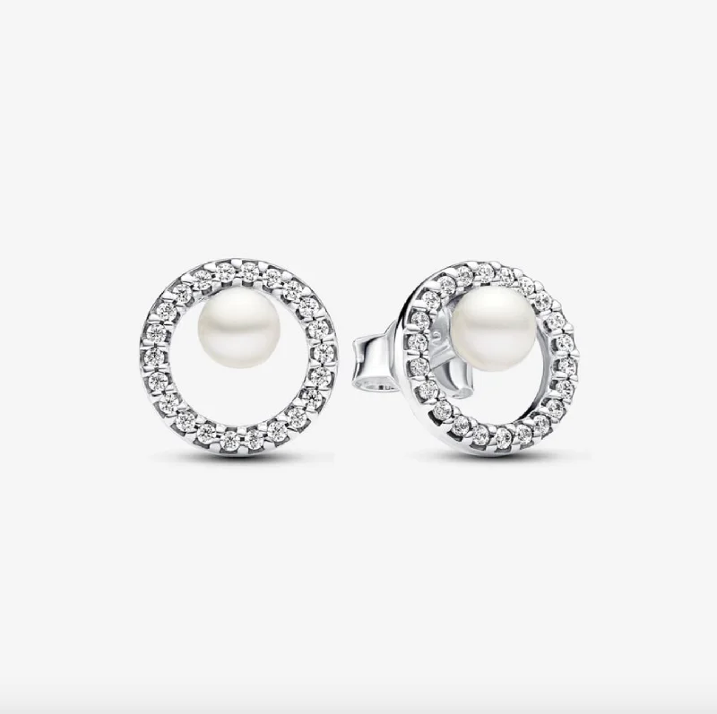 Floral Stud Earrings with Petals -Treated Freshwater Cultured Pearl & Pavé Halo Stud Earrings