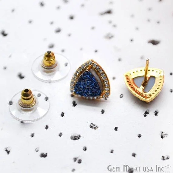 Stud Earrings for Yoga Session -Trillion Shape 8mm Gold Plated Cubic Zircon Druzy Stud Earrings (Pick your Gemstone) (90035-2)