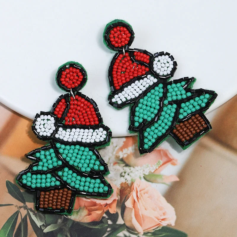 Stud Earrings for Birthday Celebration -Wholesale DIY Handwoven Rice Beads Christmas Tree Christmas Plastic Hat Stud Earrings