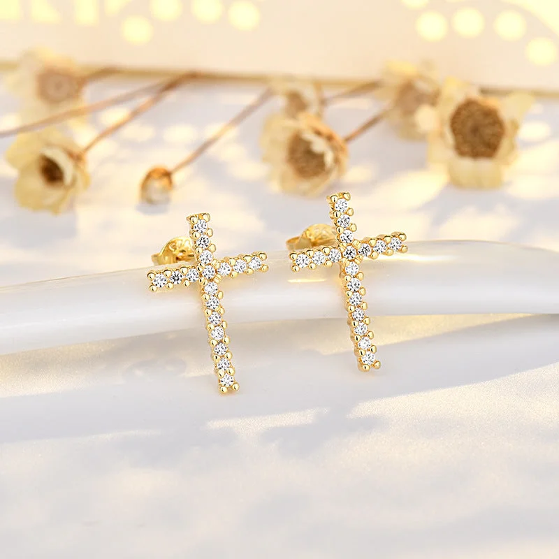 Waterproof Stud Earrings for Outdoor -Wholesale Zircon Heart-shaped Simple Cross Copper Stud Earrings