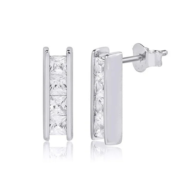 Stud Earrings with Floral Motifs -Womens 1.25 Ct Rectangular Princess Cut Stud Earrings Sterling Silver