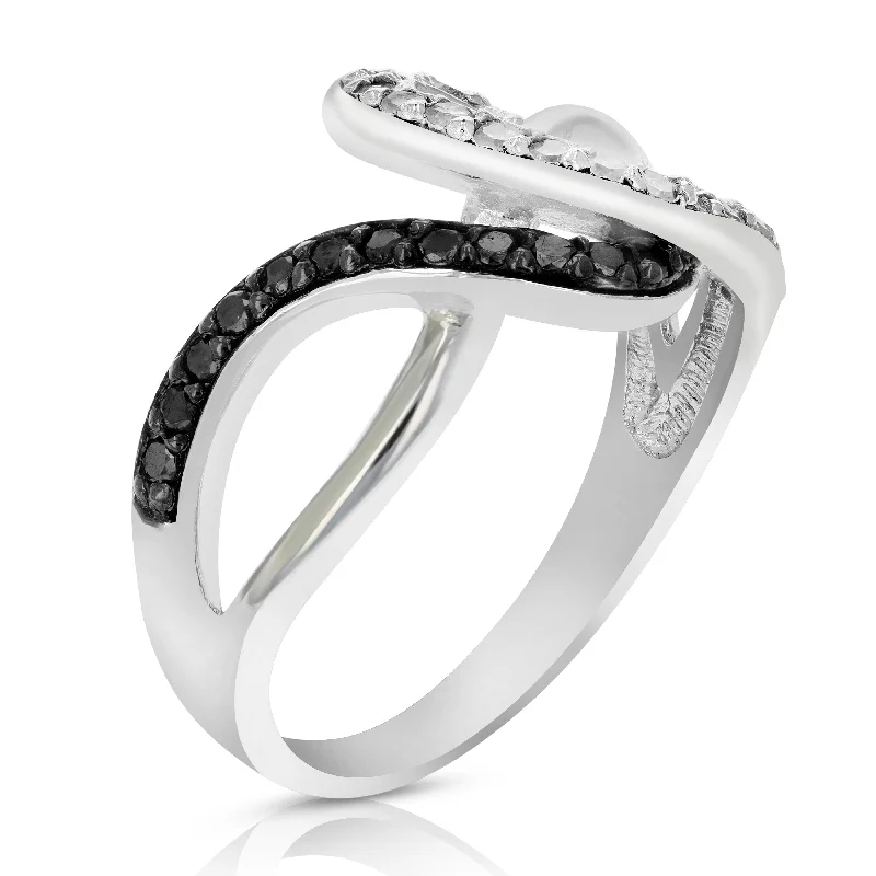 Rings with floral halo diamond arrangements -0.45 cttw Black and White Diamond Wave Ring .925 Sterling Silver Rhodium