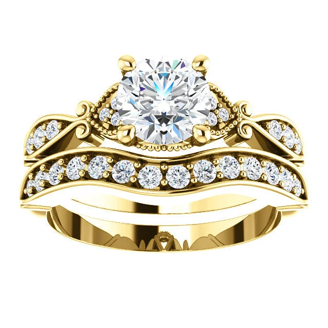 Rings with etched floral bands for detail -1 1/2ct Diamond Vintage Engagement Matching Wedding Ring Set 14k Gold Yellow