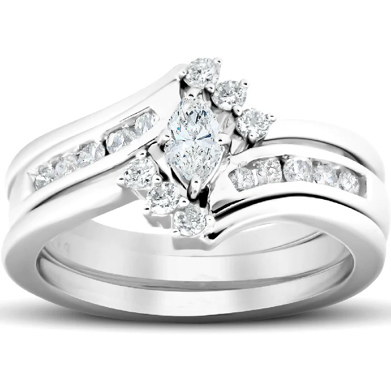 Platinum rings with sparkling sapphire center stones -1/2 Ct Marquise Diamond Engagement Trio Wedding Ring Set 10k White Gold