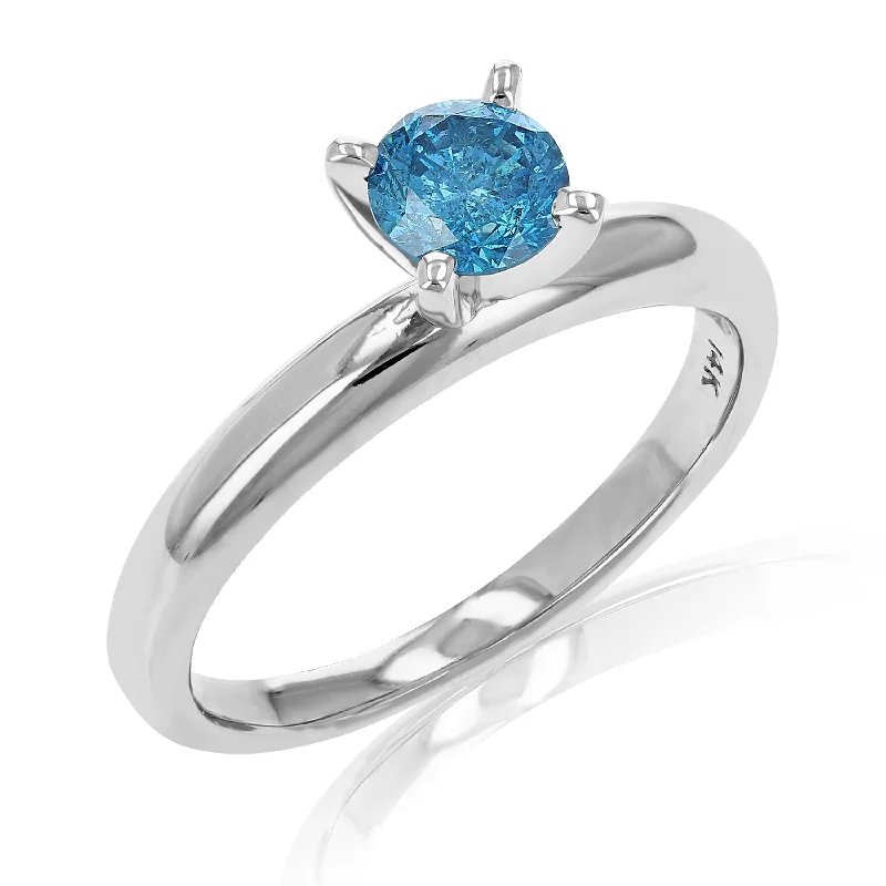 Titanium rings with rugged brushed metal look -1/2 cttw Blue Diamond Solitaire Enagement Ring 14K White Gold Round Prong Set