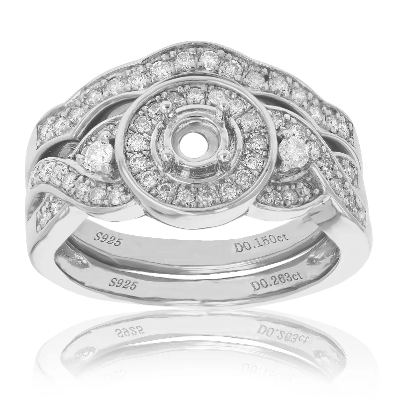 Rings with spiral designs for eye-catching twist -1/2 cttw Diamond Semi Mount Bridal Set .925 Sterling Silver Wedding