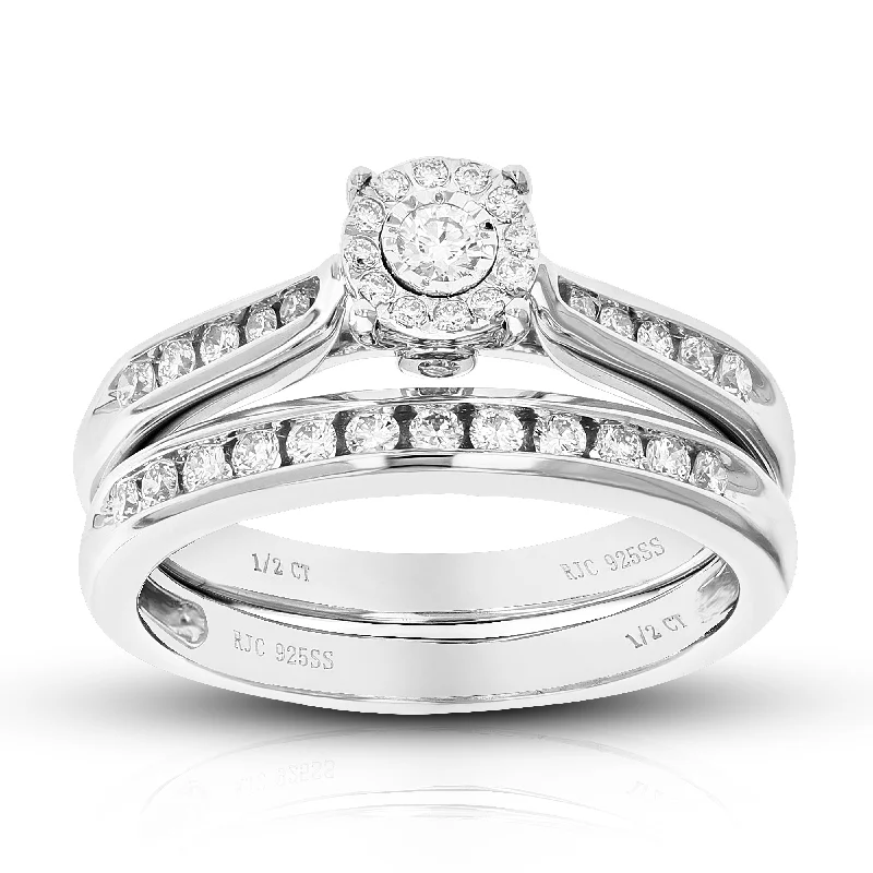 Rings with matte gold for subtle luxury -1/2 cttw Round Cut Lab Grown Diamond Bridal Set .925 Sterling Silver Prong Set