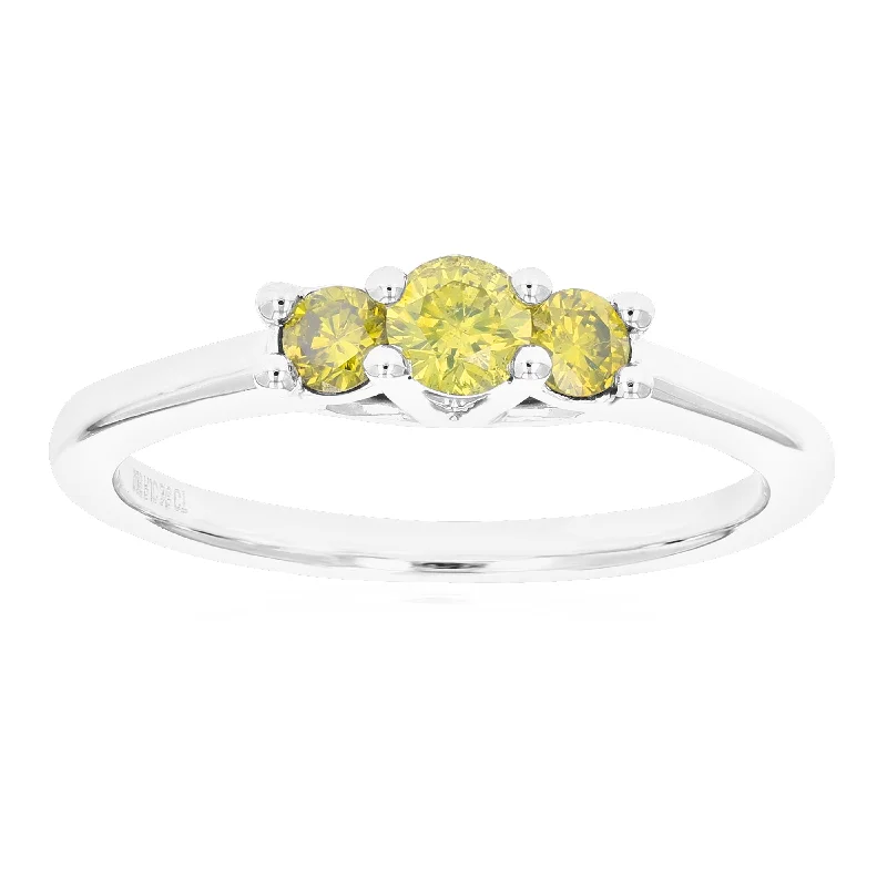 Rings with blue quartz for cool tones -1/3 cttw 3 Stone Round Cut Yellow Diamond Engagement Ring .925 Sterling Silver Prong Set