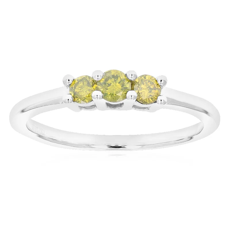 Rings with wave patterns for ocean vibes -1/3 cttw 3 Stone Round Yellow Diamond Engagement Ring .925 Sterling Silver Prong Set