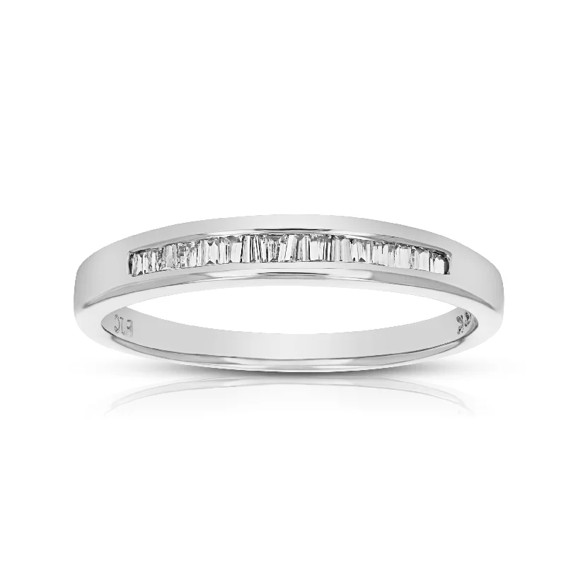 Rings with polished onyx for sleek contrast -1/4 cttw Baguette Diamond Wedding Band in 14K White Gold