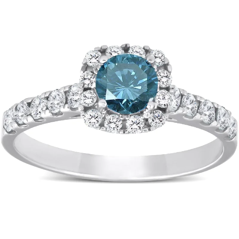 Rings with hexagon-cut stones for trendiness -1 Ct Blue Diamond Cushion Halo Engagement Ring 14k White Gold