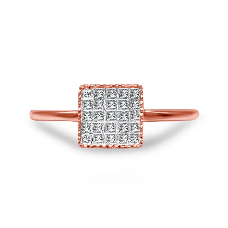 Rings with double bands for modern twist -10K Rose Gold 1/3 Cttw Invisible Set Princess Cut Diamond Composite Square Shape Ring for Women (H-I color, I1-I2 clarity)