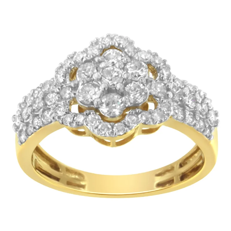 Rings with black diamond for striking contrast -10K Yellow Gold Plated .925 Sterling Silver 1.0 Cttw Diamond Flower Cluster Open Halo Floral Ring (J-K Color, I2-I3 Clarity)