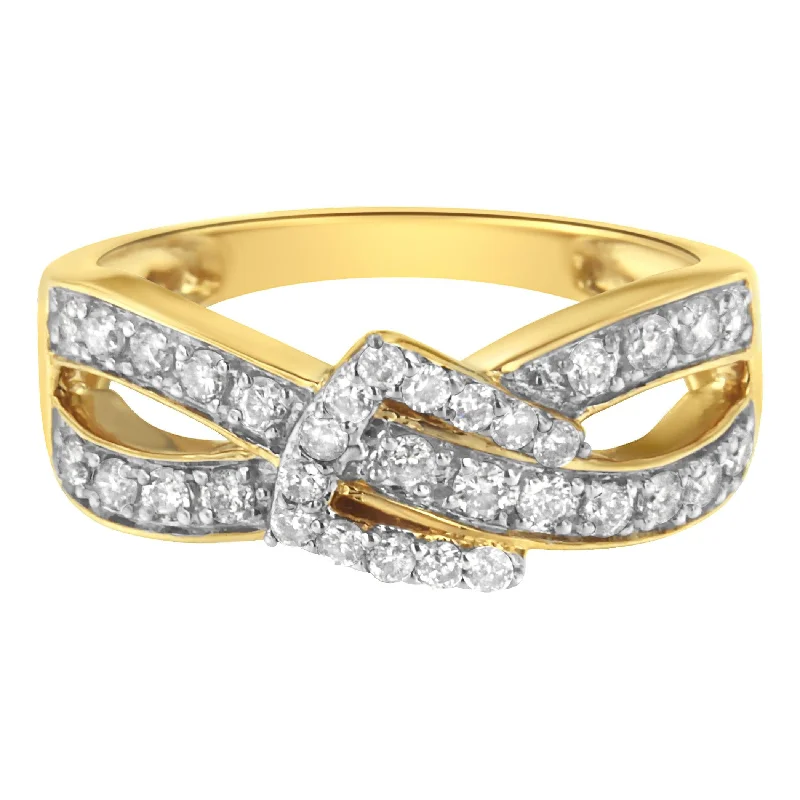 Rings with etched floral bands for detail -10K Yellow Gold Plated .925 Sterling Silver 1/2 cttw Round-Cut Diamond "Belt Buckle" Crossover Ring (J-K Color, I2-I3 Clarity)