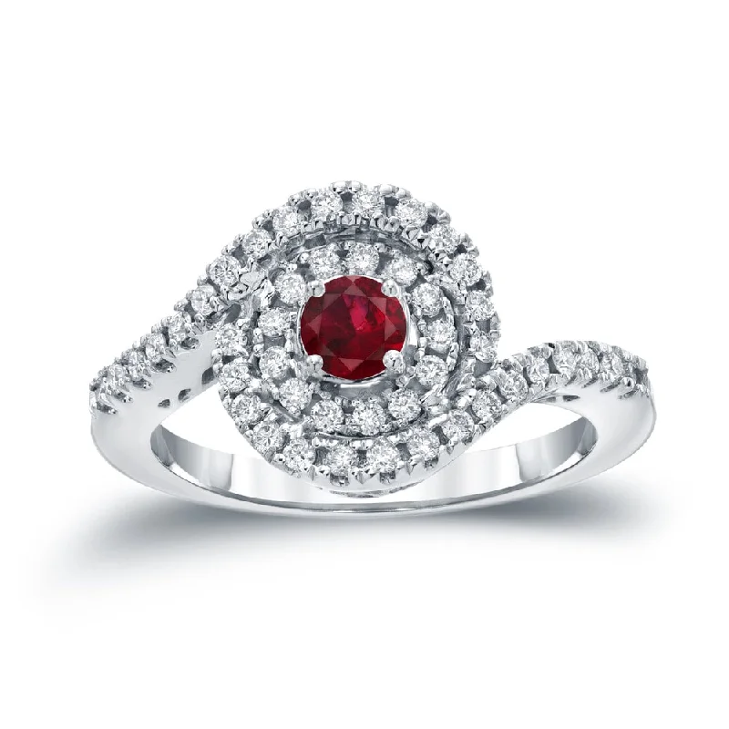 Rings with peridot gems for fresh green -14k Gold 1/5ct Ruby and 3/5ct TDW Round Diamond Halo Engagement Ring