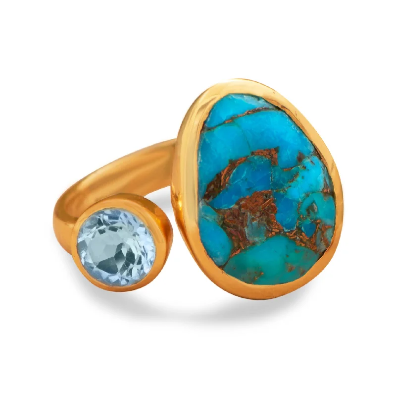 Rings with hematite for sleek metallic sheen -18k Gold Plated Blue Topaz & Turquoise Ring