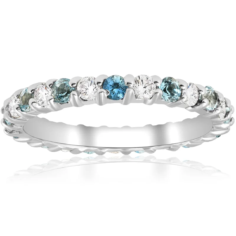 Statement rings with large geometric opal gems -1ct Diamond & Aquamarine Eternity Ring Common Prong 14k White Gold Stackable