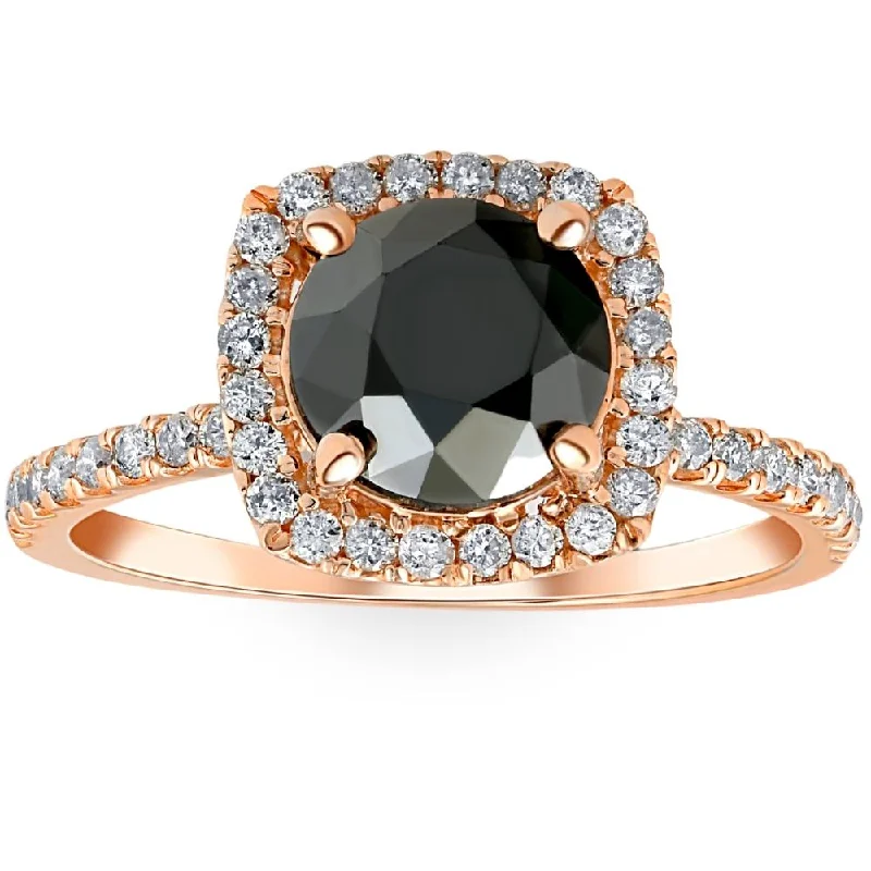 Rings with peacock ore for iridescent glow -2 1/2 Ct Black & White Diamond Cushion Halo Engagement Ring