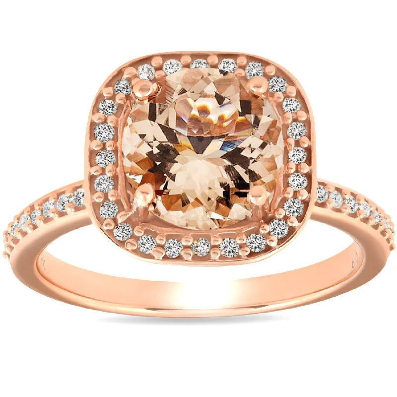 Rings with knot motifs for symbolic love -2 Ct Morganite & Diamond Cushion Halo Engagement Ring 14k Rose Gold