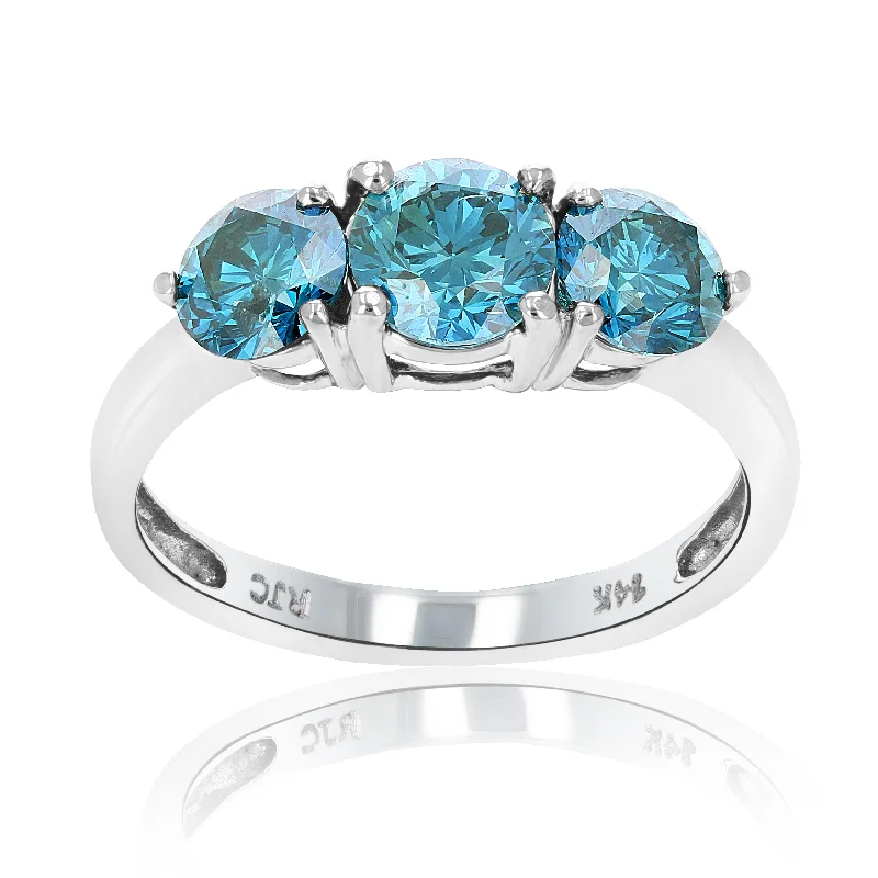 Rings with sunstone gems for fiery sparkle -2 cttw 3 Stone Round Blue Diamond Engagement Ring 14K White Gold Bridal Wedding