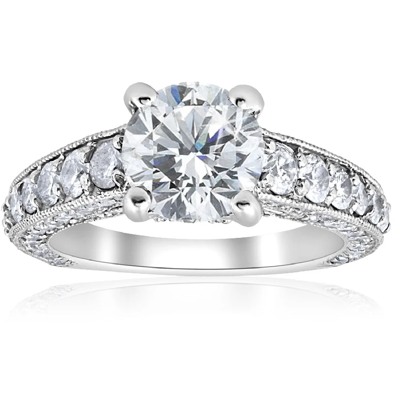 Rings with floral halo diamond arrangements -3 3/4 ct Round Diamond Heirloom Engagement Ring 14k White Gold