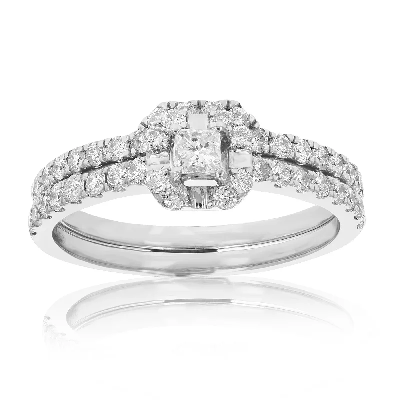 Rings with oxidized bands for vintage edge -3/4 cttw Diamond Wedding Engagement Ring Set 14K White Gold Princess Bridal