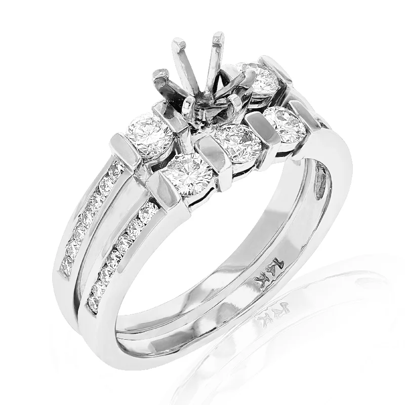 Rings with vintage-inspired rose-cut diamonds -3/4 cttw Semi Mount Diamond Wedding Bridal Set 14K White Gold Round