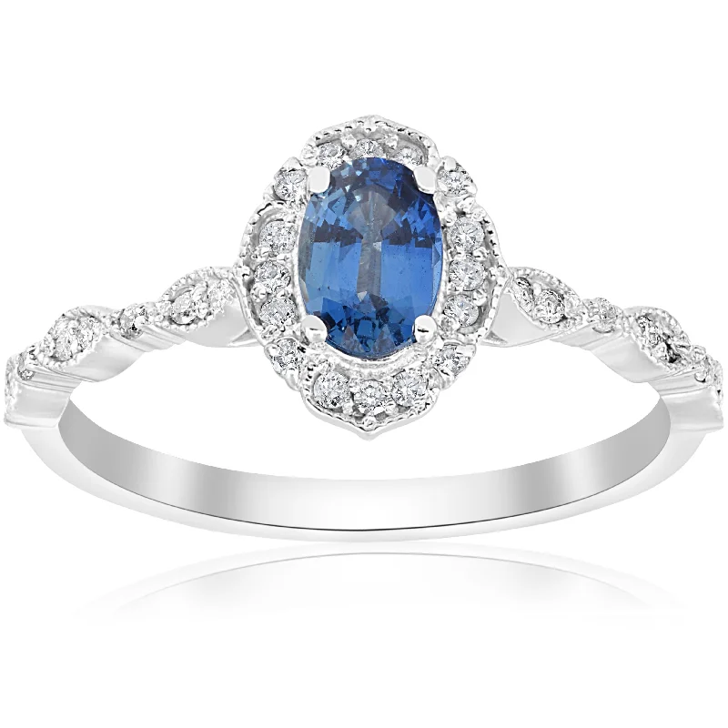 Rings with blue quartz for cool tones -3/4ct Oval Blue Sapphire Diamond Halo Vintage Engagement Ring 14K White Gold