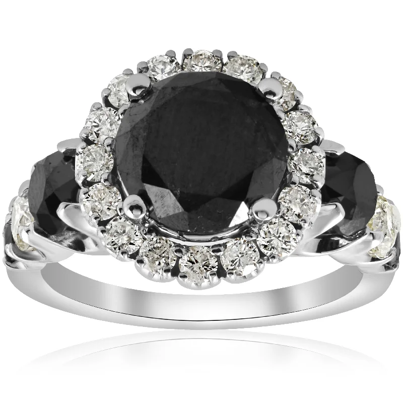 Rings with tiger eye for warm tones -5ct Black & White Diamond Halo Engagement Ring 14k WHite Gold