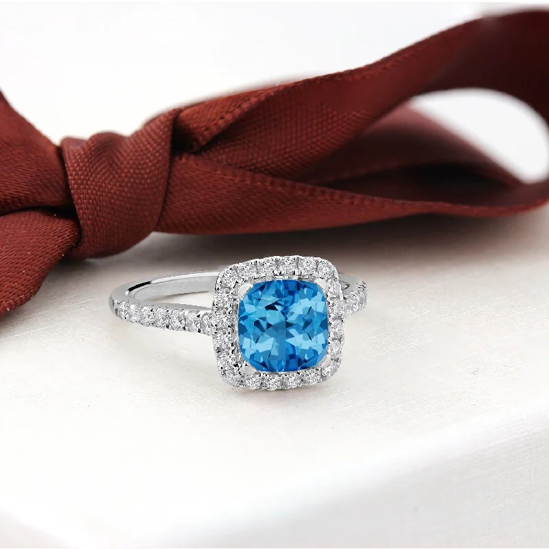 Rings with delicate filigree sapphire settings -Auriya 1 1/4ct Cushion-cut Swiss Blue Topaz and Halo Diamond Engagement Ring 1/2cttw 14k Gold