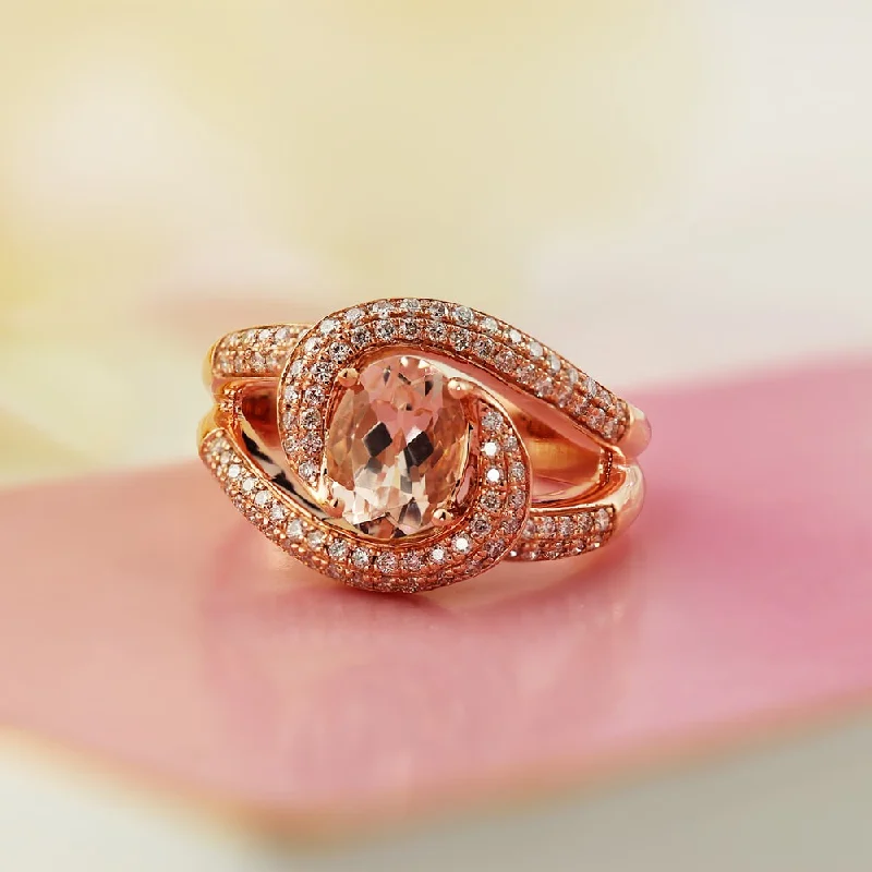 Rings with natural amber for warm glow -Auriya 1 1/5ct Oval Shaped Morganite and 2/5ctw Halo Diamond Ring 10-karat Rose Gold