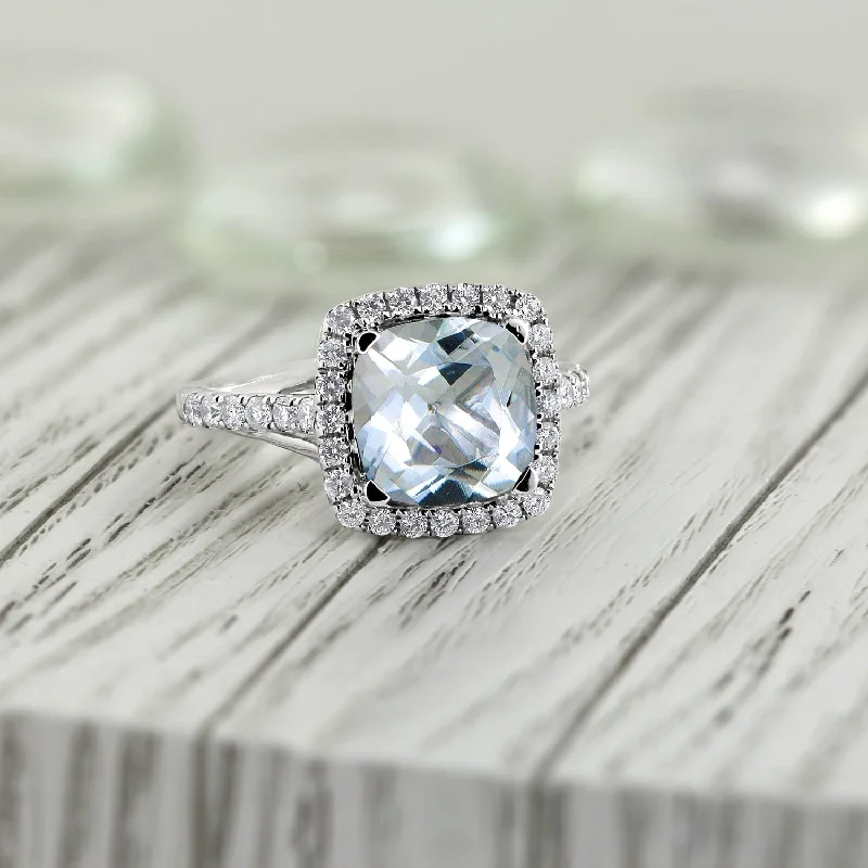 Rings with topaz stones for icy blue -Auriya 1 5/8ct Cushion-cut Aquamarine and Halo Diamond Engagement Ring 1/2cttw 14k Gold