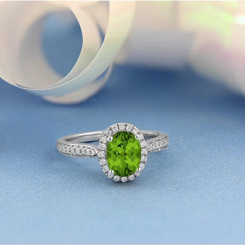 Rings with coral stones for vibrant pop -Auriya 1 9/10ct Fancy Oval Peridot Halo Diamond Engagement Ring 1/4ctw 14k Gold