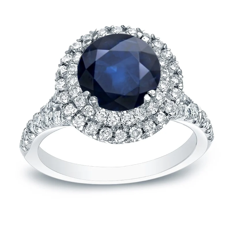 Rings with spiral ruby for bold twist -Auriya 14k Gold 1ct Blue Sapphire Double Halo Diamond Engagement Ring 3/5ct TDW