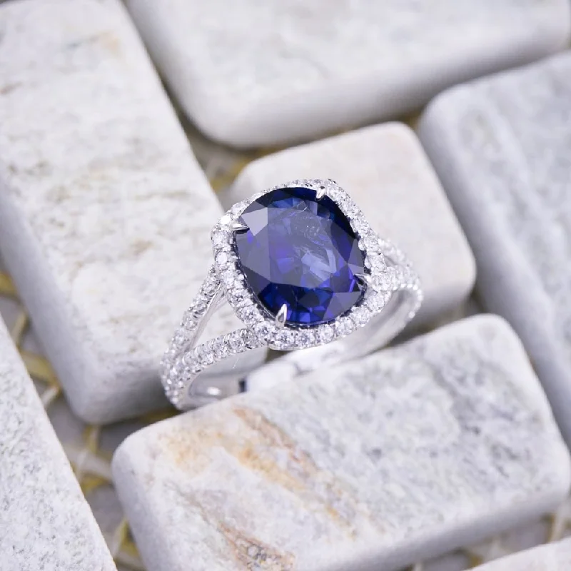 Rings with carved onyx for bold sleekness -Auriya 18k White Gold 3ct Cushion-Cut Blue Sapphire and 1/3ct TDW Diamond Halo Engagement Ring