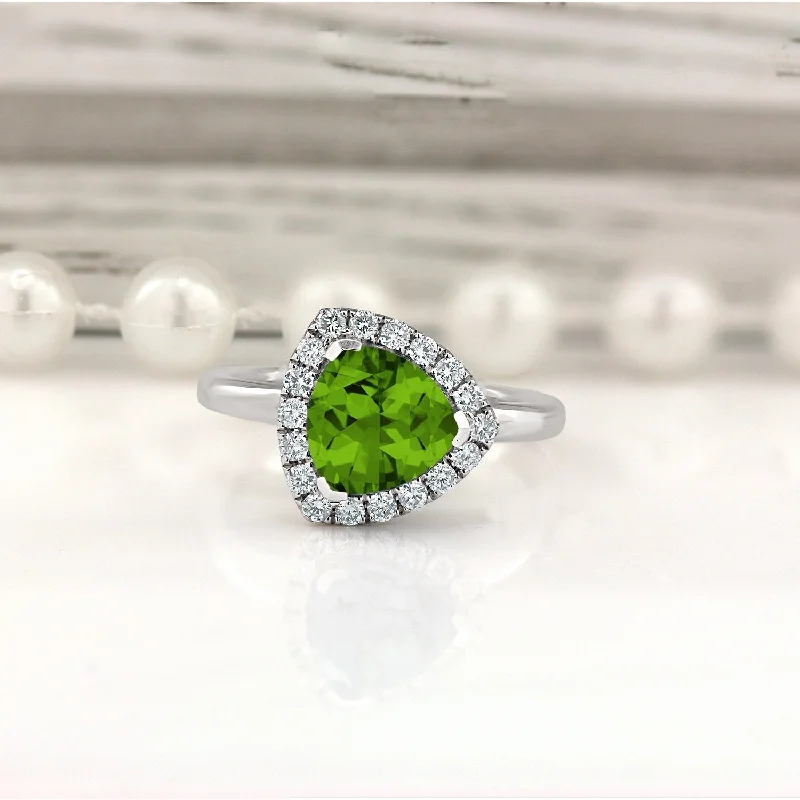 Rings with bezel-set peridot for safety -Auriya 2 1/8ct Trillion-cut Peridot Gem Halo Diamond Engagement Ring 1/4ctw 14k Gold