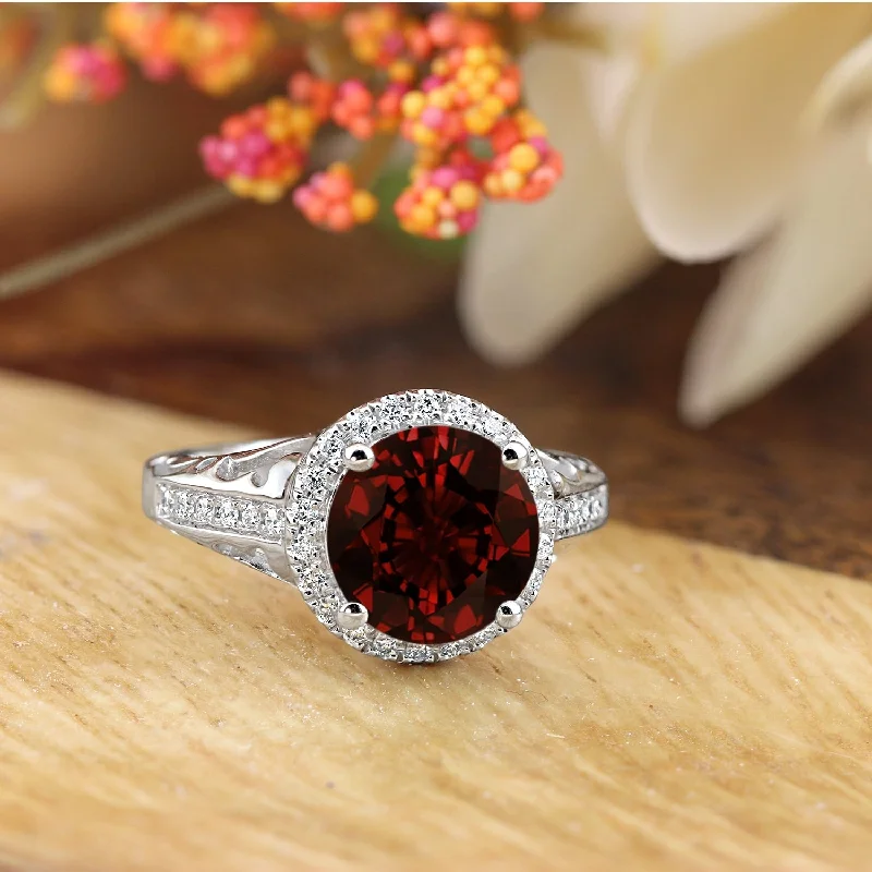 Rings with channel-set turquoise for color -Auriya 2 5/8ct Fancy Round Garnet Gemstone and Halo Diamond Engagement Ring 1/5ctw 14k Gold