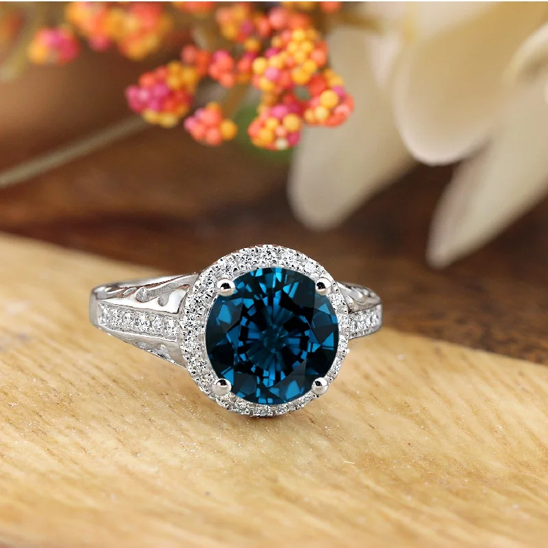 Stackable rings with mixed metal finishes -Auriya 2 5/8ct Fancy Round London Blue Topaz and Halo Diamond Engagement Ring 1/5ctw 14k Gold