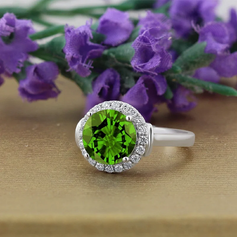 Rings with rough peridot for green texture -Auriya 3 5/8ct Round Peridot and Halo Diamond Engagement Ring 1/4ctw 14k Gold