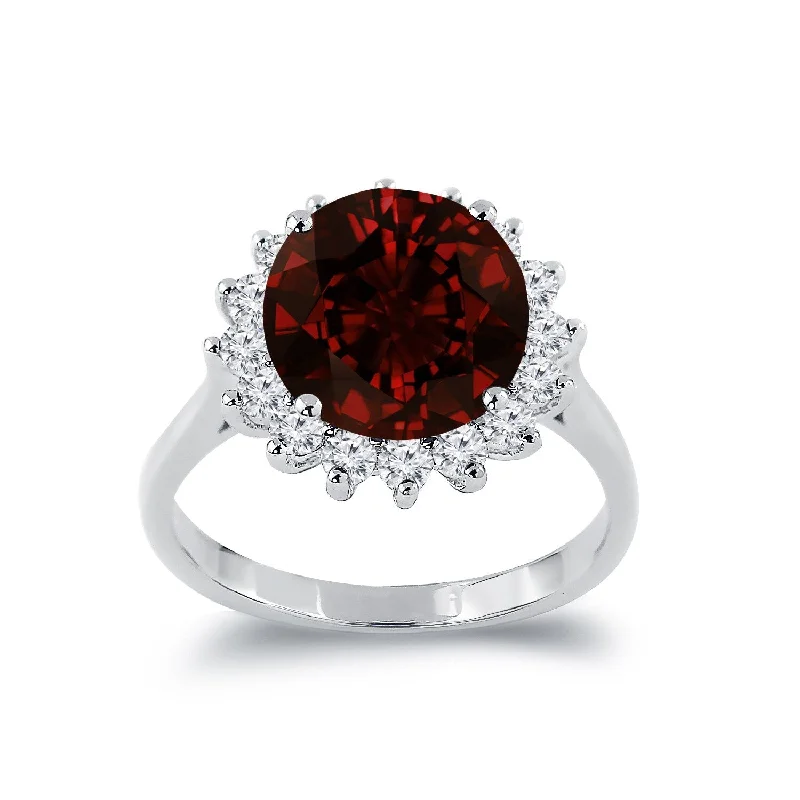 Rings with sleek black agate for edge -Auriya 4 1/3ct Round Red Garnet Sunburst Halo Diamond Ring 5/8ctw 18K Gold