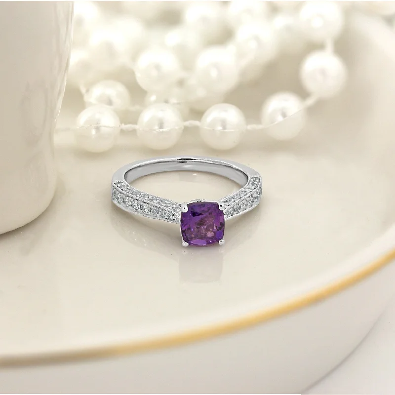 Rings with rough sapphire for rugged chic -Auriya 5/8ct Unique Cushion-cut Purple Amethyst and Diamond Engagement Ring 3/8ctw 14k Gold