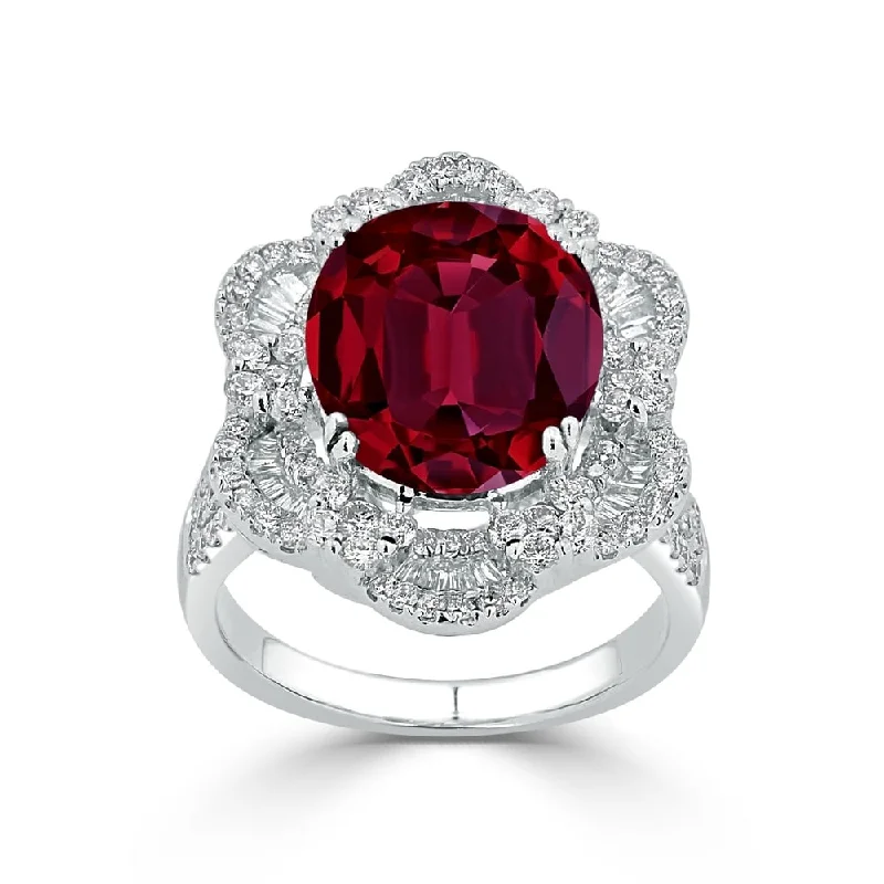 Chunky rings with hammered gold band texture -Auriya 8 1/3ct Oval-cut Red Ruby Halo Diamond Ring 1 1/4ctw 18K Gold