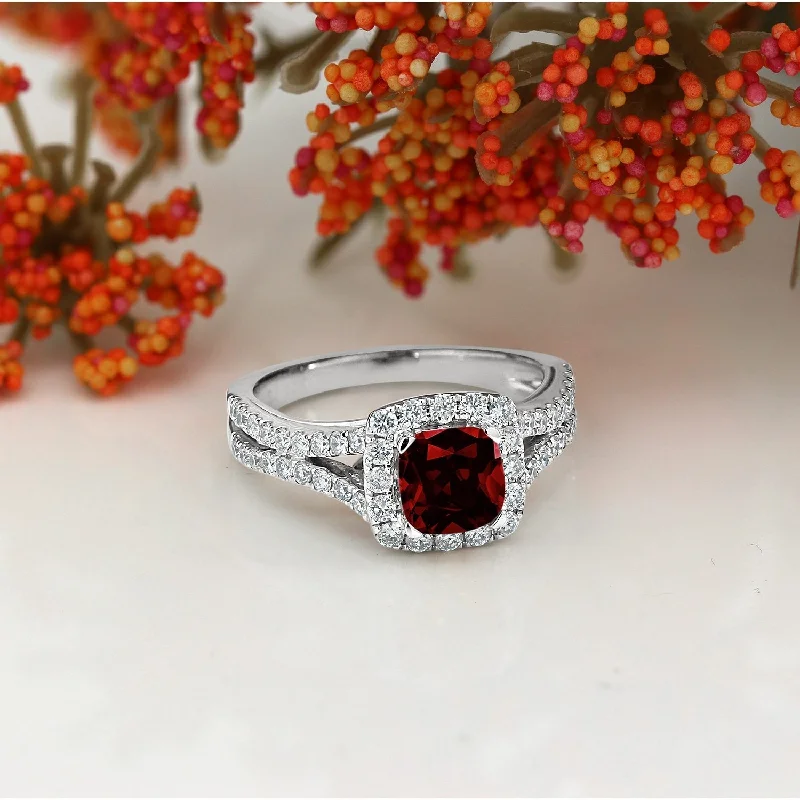 Rings with wide bands for statement wear -Auriya 9/10ct Cushion Cut Garnet Diamond Halo Engagement Ring 5/8ctw Platinum