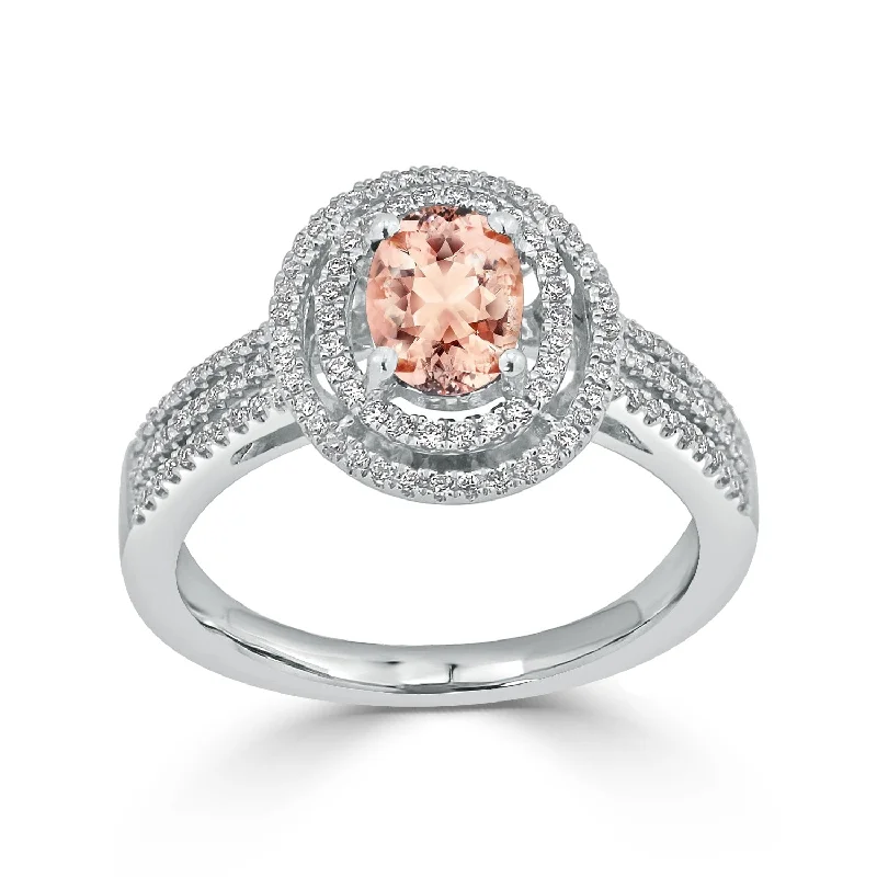 Engagement rings with classic solitaire ruby stones -Auriya Modern 5/8ct Oval Morganite and Halo Diamond Ring 1/4cttw 18K Gold