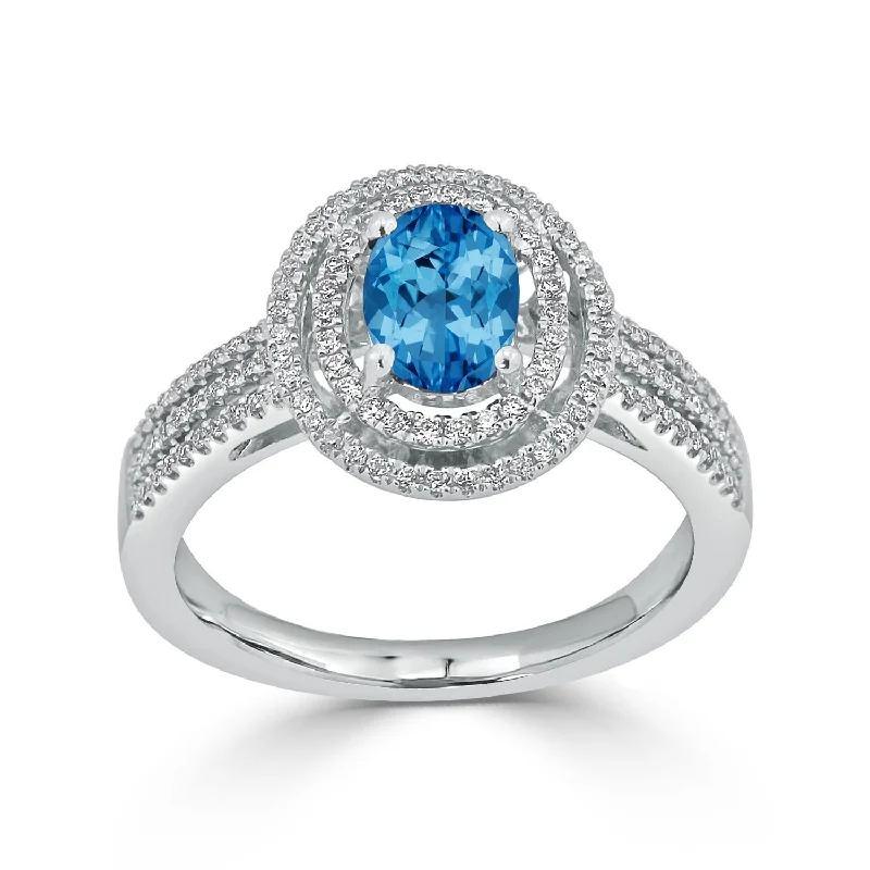 Rings with tourmaline gems for bold hues -Auriya Modern 7/8ct Oval Blue Topaz and Halo Diamond Ring 1/4cttw 18K Gold