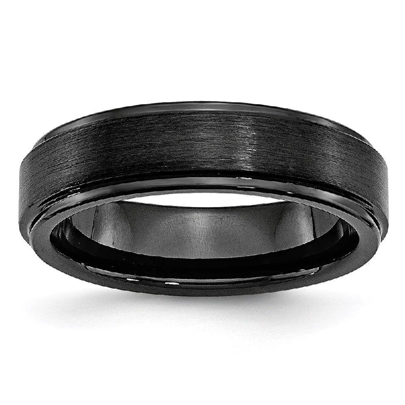 Dainty rings with subtle engraved star motifs -Black Ceramic Ridged Edge 6mm Brushed and Polished Band