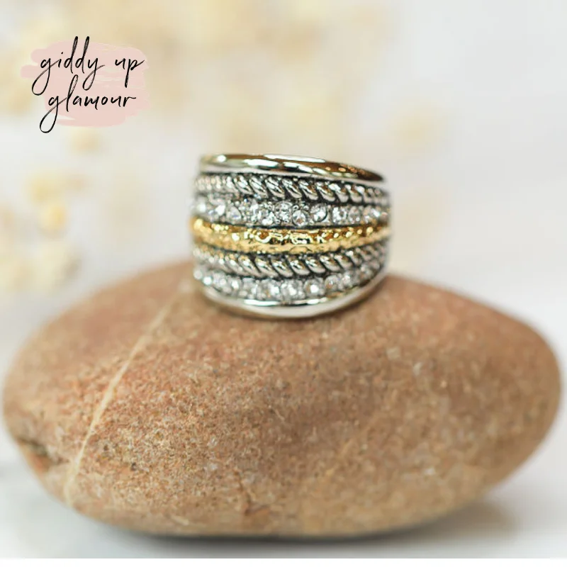 Platinum rings with sparkling sapphire center stones -Two Toned Stacked Statement Fashion Ring