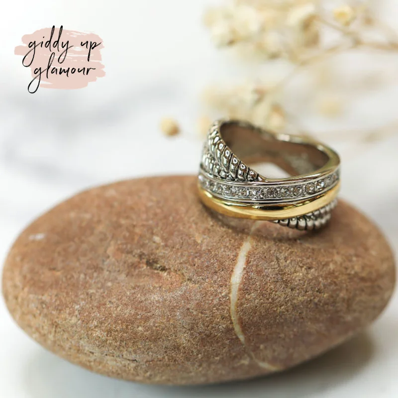 Vintage rings with engraved floral band designs -Two Toned X Cross, Crystal & Rope Textured Ring